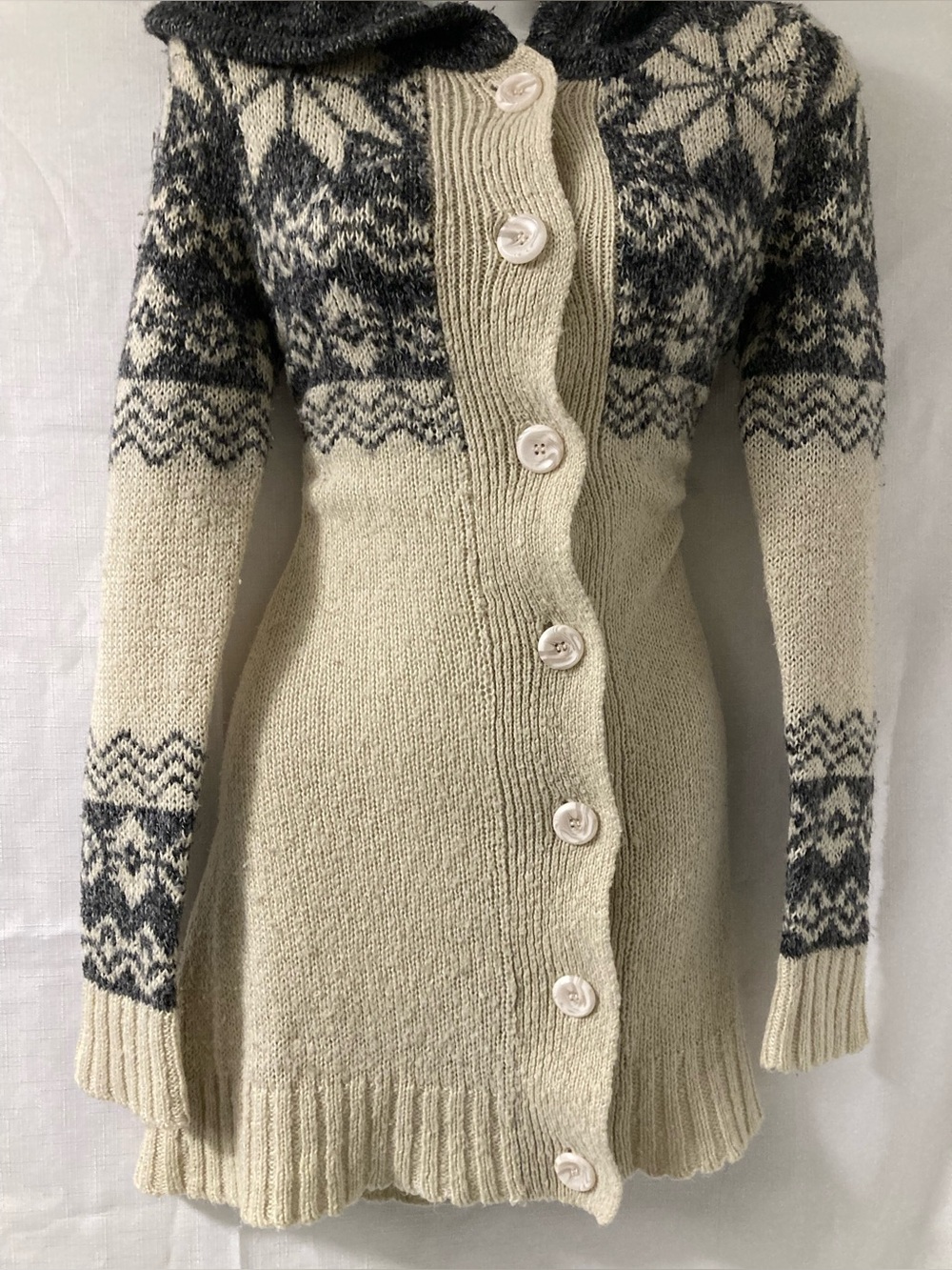 Handmade OOAK Fair Isle Hooded Cardigan Sweater Cream Gray Small